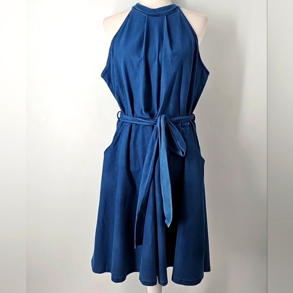 Ashley Stewart Fit & Flare Dress Blue Denim wFront Pockets & Detached Belt Sz:20 - Picture 12 of 13